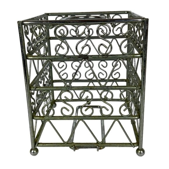 Vintage Metal Tissue Box Cover Square Silver Chrome Scroll Design Bathroom Decor - Picture 2 of 9